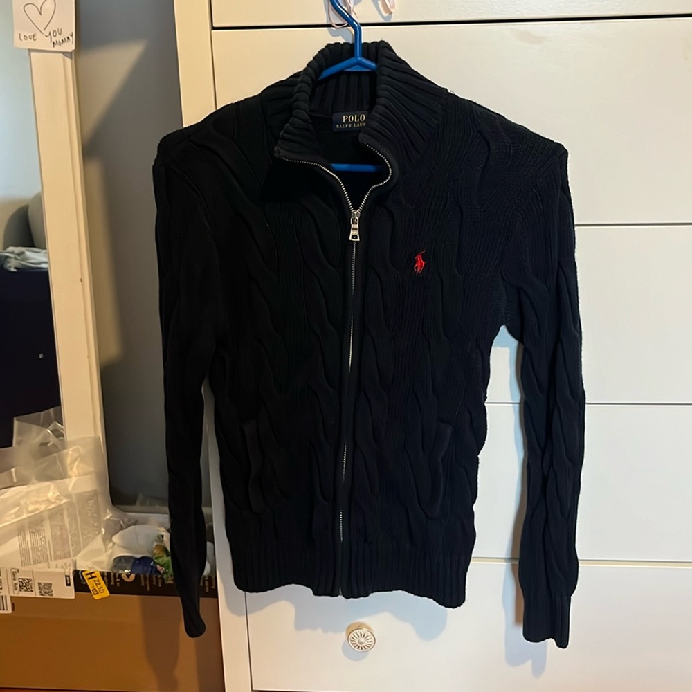Ralph Lauren cable knit navy blue full zip with red detail.